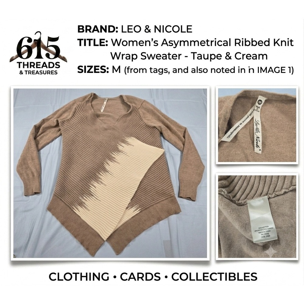 Leo & Nicole Womens Asymmetrical Ribbed Knit Wrap Sweater Taupe Cream Size M